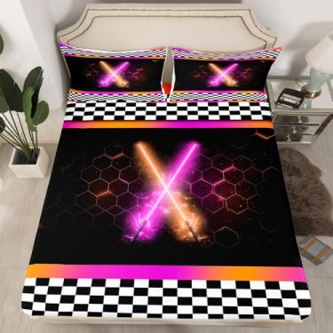 Imagem de Jogo de lençol casal com sabre de luz, sabre de luz, preto e branco, decoração de quarto de meninos e meninas, hexágono, hexágono, roxo e laranja, 2 fronhas (sem lençol de cima)