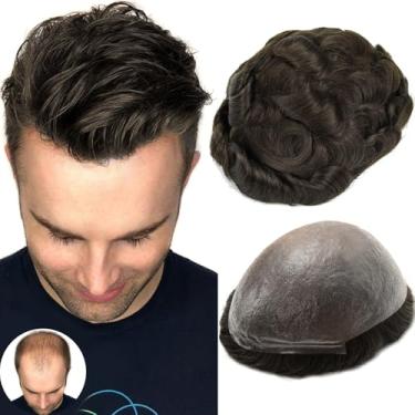 Imagem de BEEOS Toupee de pele fina de 0,06 mm para homens, laço em V e sem nós 20 x 25 cm peruca de cabelo humano masculina 100% densidade média, base de poliuretano transparente sistema de substituição de