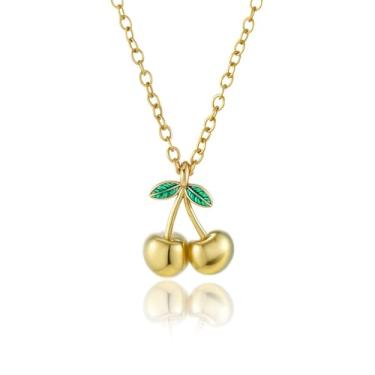 Imagem de Elegante colar com pingente de cereja ouro 18K com folhas verdes esmaltadas acessórios de declaração de moda, Small, Aço inoxidável, Sem Pedra Preciosa