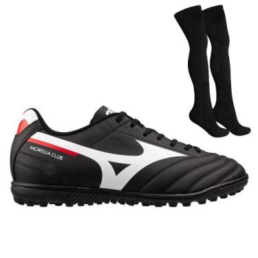 Imagem de Kit Chuteira Society Mizuno Morelia Club AS + Meião, Preto, 42