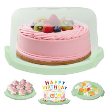 Imagem de Slomg Recipientes de bolo de plástico verde com tampa e 2 alças, suporte multiuso 4 em 1 para bolo de 28 cm, caixa de armazenamento redonda com capa para torta, pizza, ovos, lanche