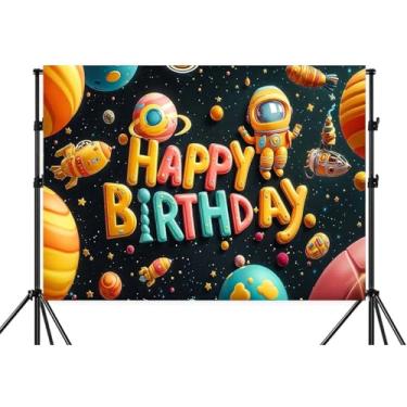 Imagem de Pôster grande com tema de nave espacial astronauta, espaço sideral, 25 x 2 m, fundo preto, planetas, para crianças, meninos, espaço e festa de aniversário.