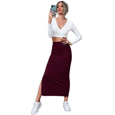 Imagem de Saia Midi Canelada Tubinho Cintura Alta Com Fenda Lateral Elegante Fem