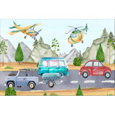 Imagem de Painel de Lona Carros e Aviões na Estrada Aquarela - Fabrika de Festa,