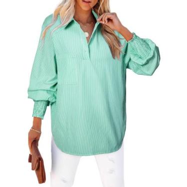 Imagem de Blusa feminina elegante, com punhos soltos, listrada, verde escuro - A