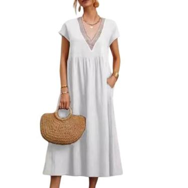 Imagem de Vestido Zhyaj Vestido midi de algodão solto com bolsos brancos