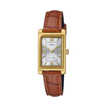Imagem de Casio LTP-1234GLL-7A Relógio feminino retangular clássico de couro dourado com mostrador prateado