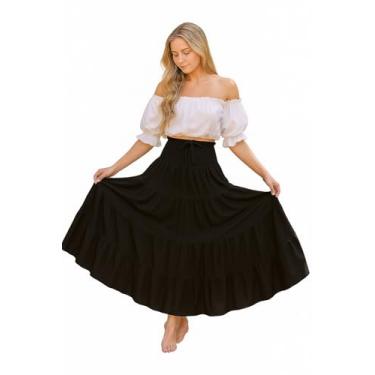 Imagem de ThePirateDressing Saia maxi com cintura elástica boho renascentista medieval camponesa pirata C1868 preta GG