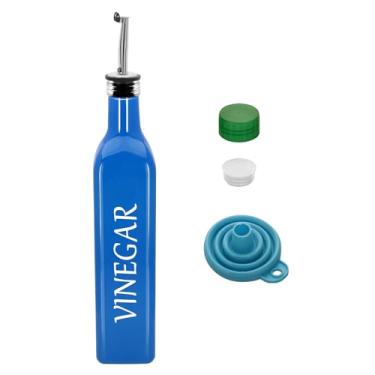 Imagem de 1 garrafa dispensadora de azeitona de 500 ml, conjunto dispensador de óleo de vidro e vinagre de 500 ml com 1 dosador de aço inoxidável, frascos de funil para cozinha (vinagre azul)