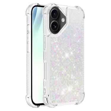 Imagem de Capa de telefone à prova de choque para iPhone 17 com glitter líquido de areia movediça e corações flutuantes, capa de TPU de camada dupla reforçada com 4 cantos, protetor de telefone seguro