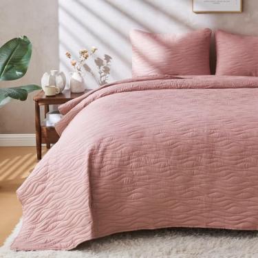 Imagem de JYHOPE Conjunto de edredom rosa tamanho solteiro, leve para o verão, colcha macia e respirável para todas as estações, resistente a manchas, estampa de madeira, estilo boêmio, 1 colcha e 2 fronhas