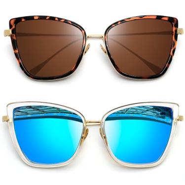 Imagem de Óculos de Sol Feminino Olho de Gato Joopin Vintage Armação de Metal Óculos Proteção UV 400 (Leopardo Marrom + Azul)