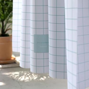 Imagem de onesevennine Cortina de chuveiro de designer coreana – Sem costura, resistente à água, (180 cm L x 208 cm C) Retrogrid-Green – Inclui 12 ganchos de plástico para fácil configuração