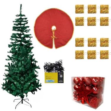 Imagem de Conjunto Natalino 59 Pçs, Árvore de Natal 150cm 420 Galhos, Kit Decoração e Enfeites, Saia P/Base, Pisca-pisca 100 LEDs, Bolas, Presentes, Festão (Vermelho)