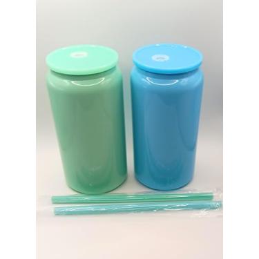 Imagem de Copos reutilizáveis com tampas e canudos, verde menta e azul, plástico 40 ml, conjunto de recipientes para bebidas frias, pacote com 2