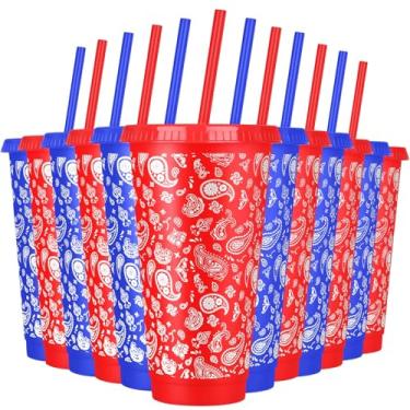 Imagem de Potchen 12 copos de plástico reutilizáveis de 680 g com tampas e canudos, copos reutilizáveis para suco (vermelho, azul)