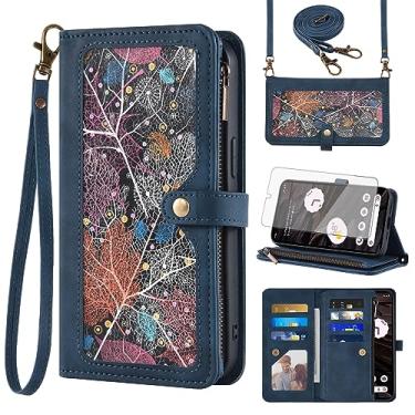 Imagem de Capa de celular para Google Pixel 7A 5G 2023 capa carteira com protetor de tela de vidro temperado e alça de pulso transversal de couro padrão flip zíper suporte para cartão de crédito celular Pixel7A