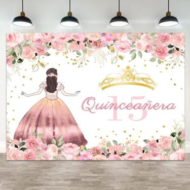 Imagem de ASDCXZ 3 x 2,4 m, cenário de aniversário de quinze anos, 15 temas, fotografia, fundo, rosa, floral, dourado, coroa, vestido para meninas, decoração de 15 anos, banner, festas de aniversário, adereços