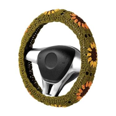 Imagem de Conjunto de capa de volante de crochê, linda capa de volante de carro boho 35,5-38 cm, presente de padrão quadrado de vovó marrom feito à mão, acessórios femininos para carro (uma capa de roda)