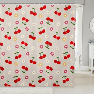 Imagem de Feelyou Cortina de chuveiro com estampa de cereja para decoração de banheiro linda cortina de banho de frutas para barracas banheiras floral botânica acessórios de banheiro tecido de poliéster à prova