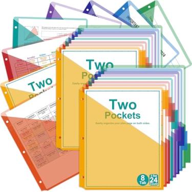 Imagem de Akuoly Divisor de bolso de 24 unidades para 3 organizadores de fichários, dois bolsos por cada divisória, divisórias de plástico para abas de plástico, cores brilhantes, para professores escolares