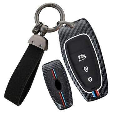 Imagem de ontto Capa para chave Hyundai com 3 botões para Palisade Tucson Santa Fe Solaris Sonata Hybrid Nexo NX4 Iqniq 5 2020 2021 2022 2023 2024 2025, antiarranhões e proteção total, tiras azul-vermelhas
