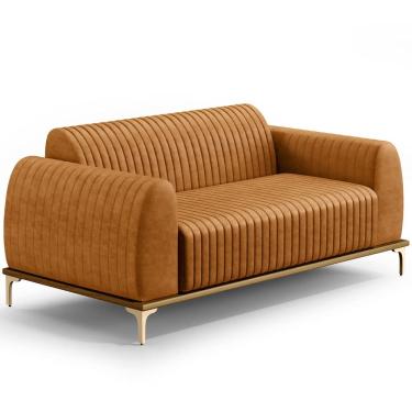 Imagem de Sofá 2 Lugares Para Sala de Estar Molino 150cm D02 Base Castanho Pés D`Ouro Couríssimo Whisky B-90 - Lyam Decor