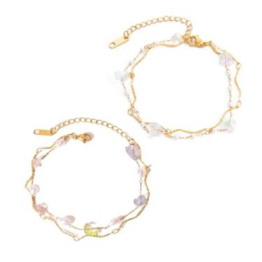 Imagem de Conjunto de 2 peças de pulseira de fio de cristal de pérola falsa de aço inoxidável dourado para mulheres joias modernas ajustáveis para uso diário