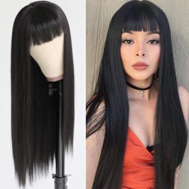 Imagem de Peruca de cabelo sintética QD-tizer preta de 24 polegadas com franja c
