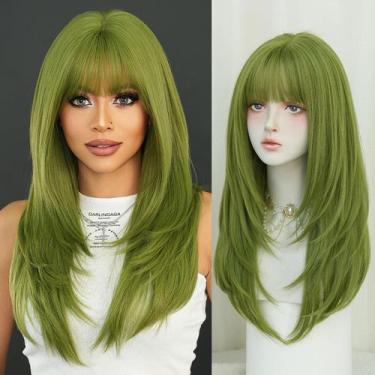 Imagem de Peruca 7JHH WIGS longa e reta verde sintética com franja de 65 cm