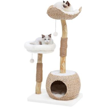 Imagem de KULAMOON Torre de árvore para gatos internos, condomínio moderno de madeira real para gatos com poste para arranhar, plataformas de salto, bola de brinquedo pendurada para famílias com vários gatos