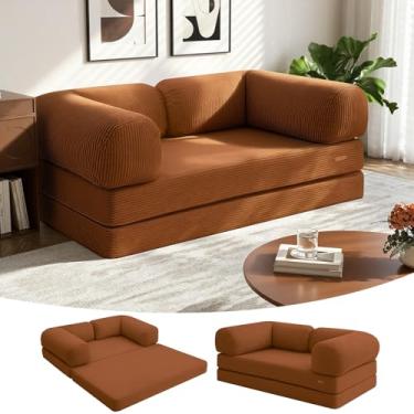 Imagem de COMAX Futon Sofá-cama, 4 em 1 sofá-cama dobrável de chão Queen com apoios de braços em forma de L, cama dobrável conversível cama de veludo cotelê colchão dobrável confortável para sala de estar