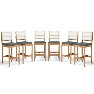 Imagem de Kit Com 6 Banquetas Milena Madeira Maciça Assento Estofado Encosto De Tela Sintética