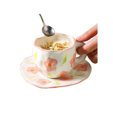 Imagem de Caneca pintada à mão flor cerâmica caneca de café home office caneca com prato colher café da manhã, suco de leite, alça de chá, conjunto de utensílios de bebidas, caneca de café (cor: 2)