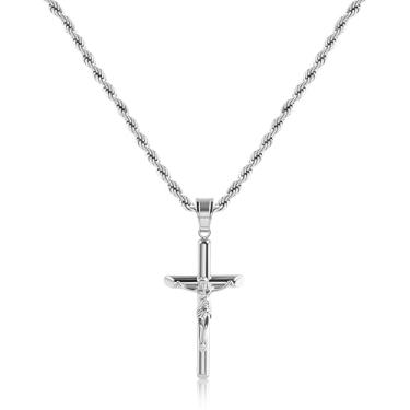 Imagem de Colar de cruz banhado a prata esterlina para homens, colares de cruz banhados a ouro para mulheres, pingente moderno de crucifixo de aço inoxidável com corrente de corda de 53 cm de 3 mm, Aço