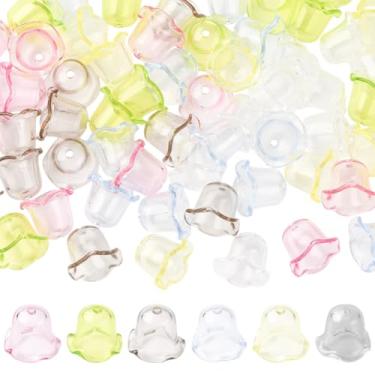 Imagem de SUNNYCLUE 120 peças, 6 cores, contas de flor de sino, tampas de contas de acrílico, flores transparentes, campânula, em forma de trompete, espaçadores de extremidade solta, berloque espaçadores para