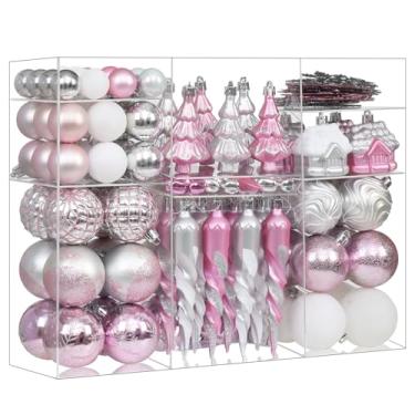 Imagem de Conjunto de enfeites de árvore de Natal rosa, branco e prata de 124 quilates, decorações de Natal sortidas à prova de estilhaçamento para árvore de Natal, floco de neve, enfeites de bola de gelo para