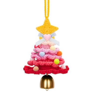 Imagem de Netholid Árvore de Natal de crochê com sino, mini enfeites de árvore de Natal tricotados feitos à mão para decoração de Natal lembrancinha de festa (rosa)
