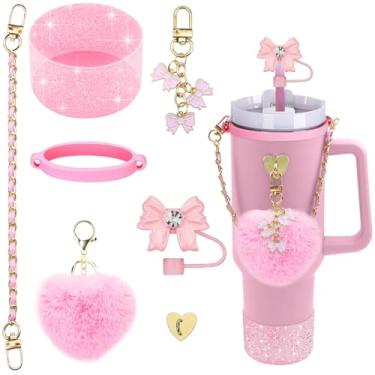 Imagem de Acessórios de copo Stanley para copo de 1,18 l e copo de 850 g, incluem decoração de cobertura de palha com laço brilhante, bola pompom em forma de coração, alça de alça de garrafa de água de couro