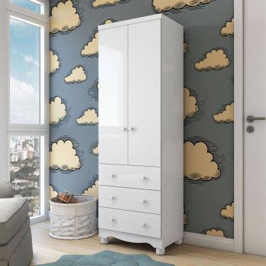 Imagem de Guarda-Roupa de Bebê Júnior New 2 Portas 3 Gavetas 100% Mdf Branco Brilho - Móveis Peroba