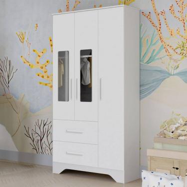Imagem de Guarda-Roupa de Bebê Popy Retrô 3 Portas 2 Gavetas 100% Mdf 3 Prateleiras Branco Brilho - Móveis Peroba