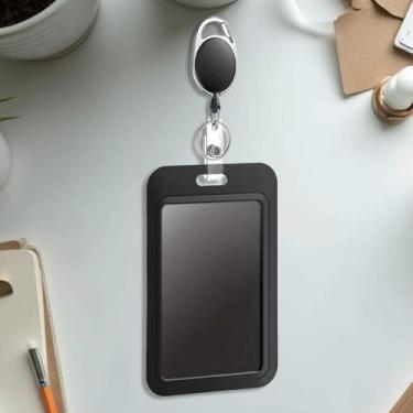 Imagem de 1 porta-cartão de identificação retrátil com capa deslizante - carretel de crachá para trabalho, cartões de trânsito, acesso de funcionários e passes de segurança - uso vertical/horizontal (preto)