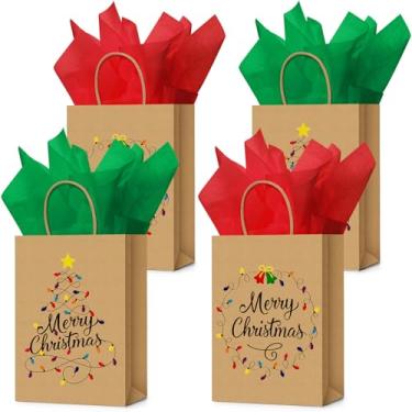 Imagem de Feifeiya 24 sacos médios de presente de Natal com papel de seda 20 x 14 x 8 cm, sacos de presente de papel kraft com alça a granel para embrulho de presente de Natal, suprimentos para festas de fim de