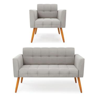Imagem de Kit 1 Sofá Namoradeira E 1 Poltrona Elisa Veludo Cinza Pés Palito Castanho - D'rossi