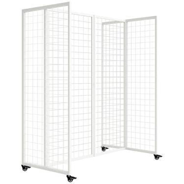 Imagem de koretech Painéis de parede de grade com rodas, suporte de exibição de painel de grade de 10 x 14 m, painéis de exibição de arte resistentes, suporte de exibição de grade, branco