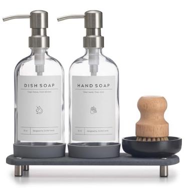 Imagem de Dispensador de sabonete líquido de cozinha – Garrafa Vidro Claro 473 ml, Bomba Aço Inoxidável, Bandeja Secagem Instantânea, Etiquetas impermeáveis, Almofada Silicone Antiderrapante, Escova de louça