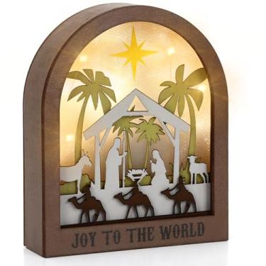 Imagem de JULEASEL Decoração de Natal com iluminação de presépio de madeira, enfeite de mesa de nascimento de Jesus com painel traseiro de acrílico, exibição religiosa alimentada por bateria para casa, igreja