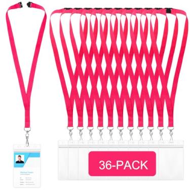 Imagem de Patelai Pacote com 36 cordões separáveis com porta-crachás de identificação à prova d'água com cartão de identificação de plástico J Hook para escolas, escritório, cruzeiros (rosa choque)