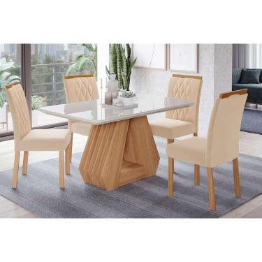 Imagem de Conjunto: Mesa De Cozinha ágata Tampo Madeirado C- Vidro 130x80cm E 4 Cadeiras Juliana Madeirado-suede Nude Bege - Cimol