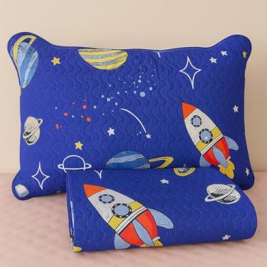 Imagem de Kit Colcha Cobre Leito Infantil Estamapado Cama Solteiro 2 Peças Menina Menino Rosa Azul Quarto (Espaço Sideral)